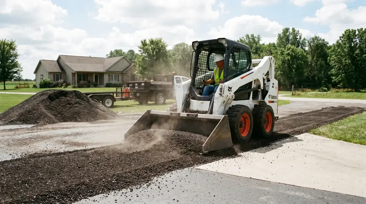 Skid steer spreading a load of dark asphalt millings across a driveway beside the pile