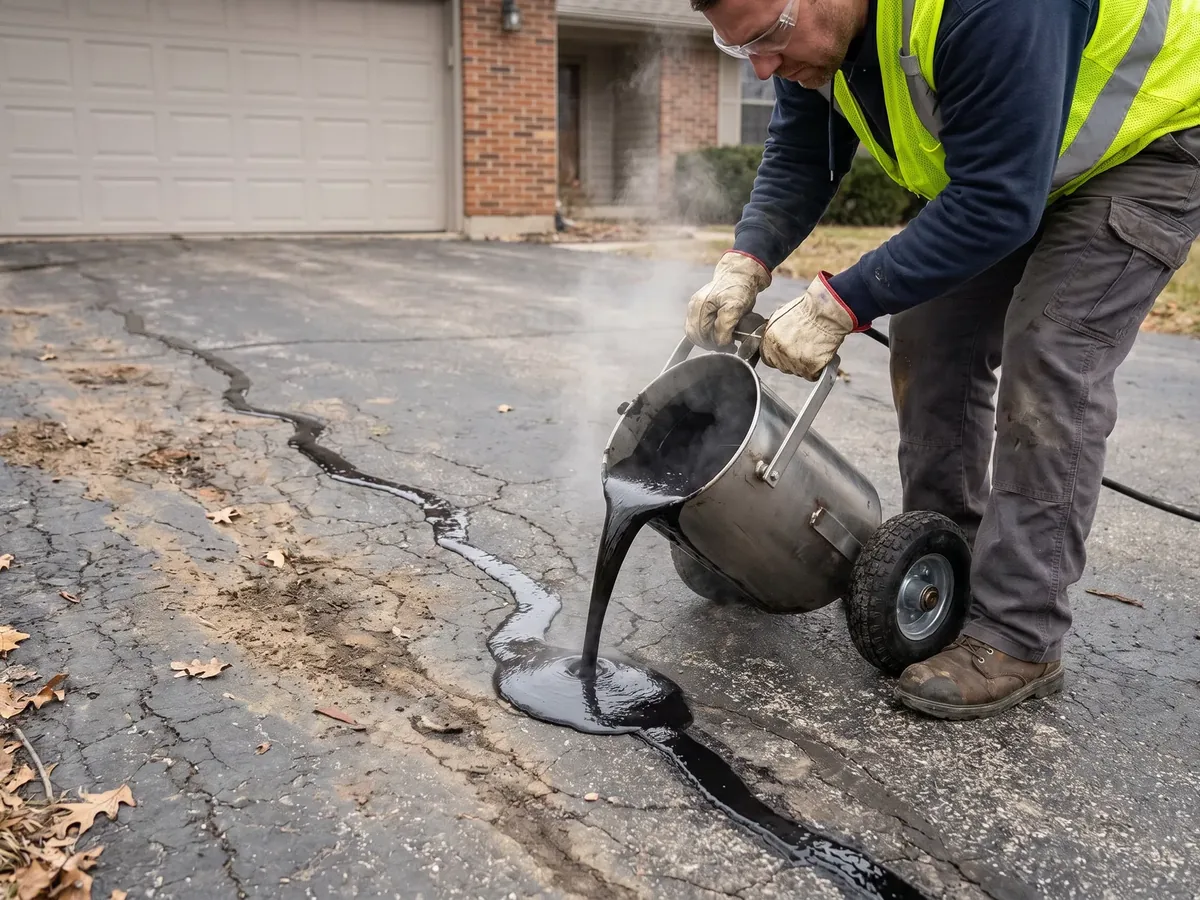 Worker pouring hot rubberized sealant into cracks on an asphalt driveway