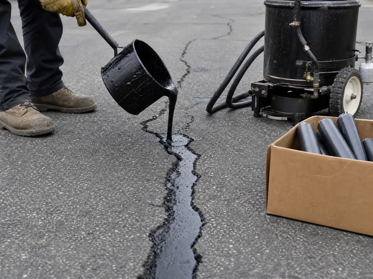 Hot pour crack sealant being poured from a pot into a crack in the pavement