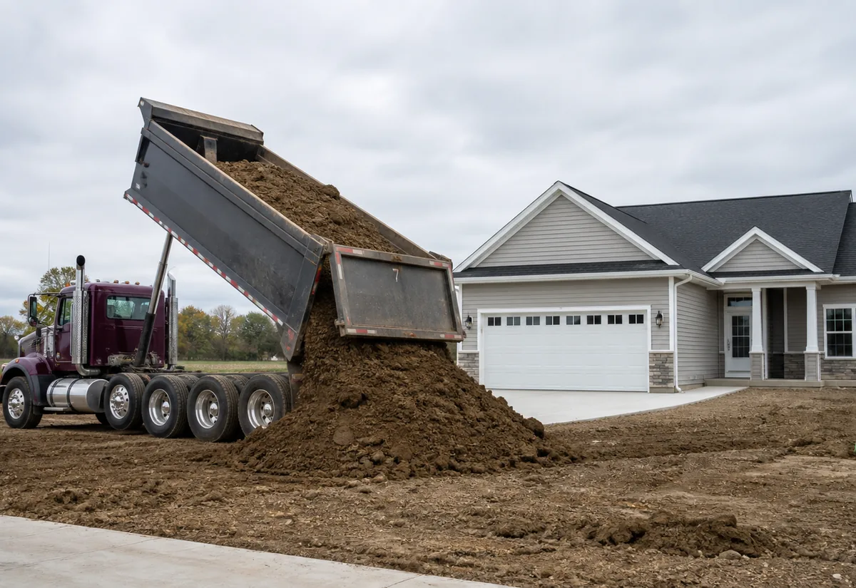 Dump truck unloading a load of fill dirt beside a newly built house