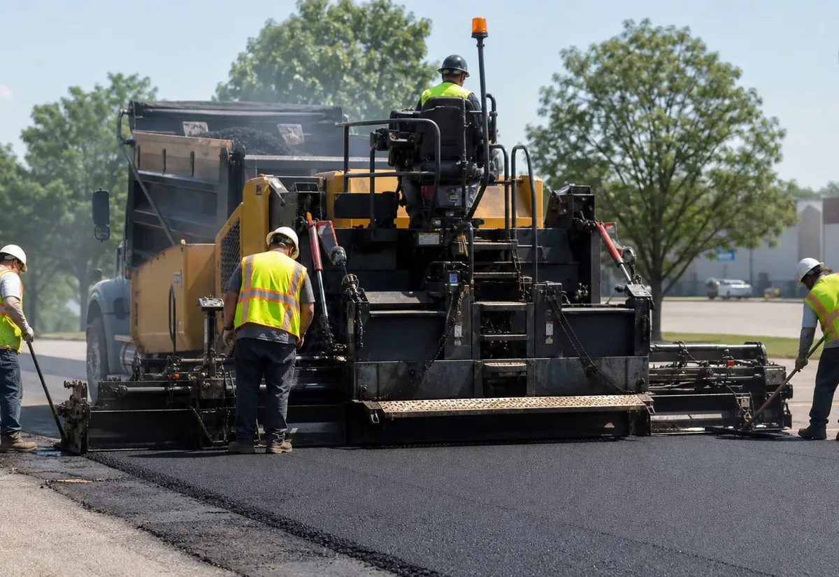Crew raking hot mix behind a paver while a new asphalt lot is laid
