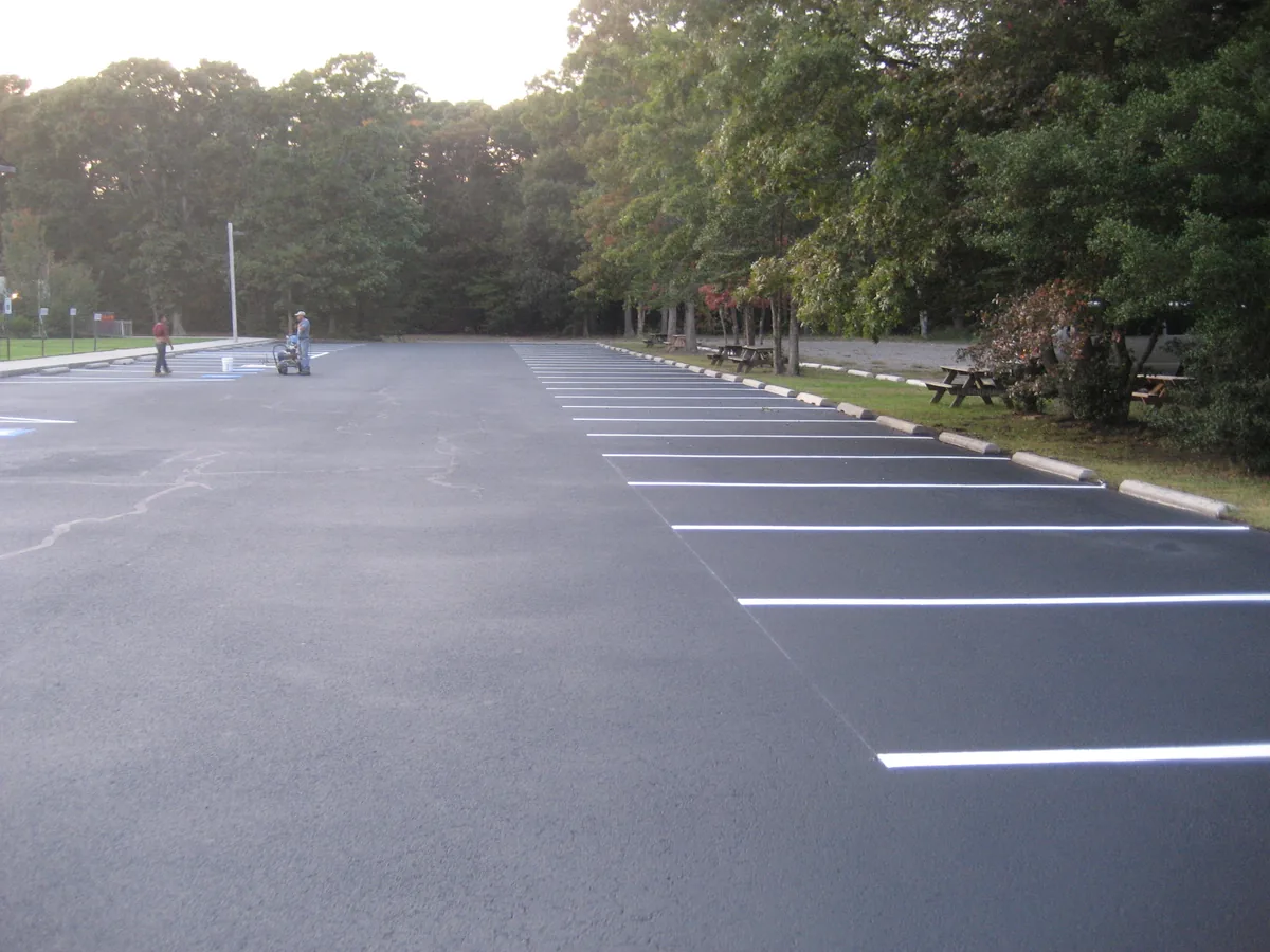 Wide commercial asphalt lot with crisp white stall lines and a tree line behind