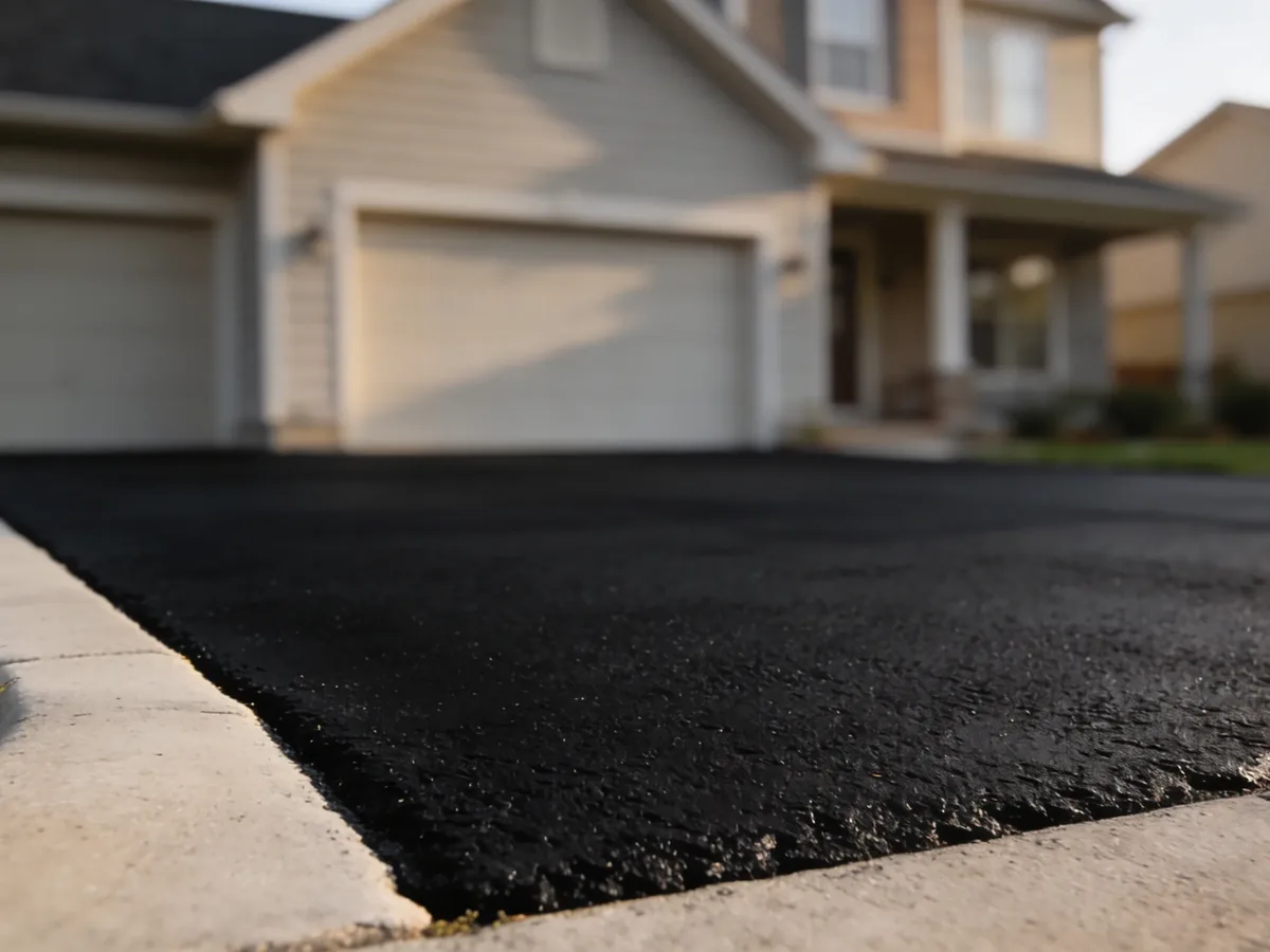 Edge of a freshly sealcoated driveway against the concrete apron at a house
